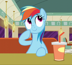 Size: 806x721 | Tagged: safe, screencap, character:rainbow dash, species:pegasus, species:pony, episode:the saddle row review, g4, my little pony: friendship is magic, cropped, cup, cute, dashabetes, diner, drink, female, mare, raised hoof, sitting, smiling, solo, thinking