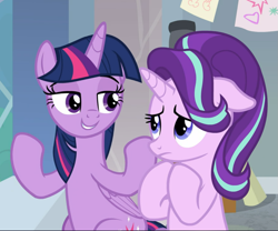 Size: 1131x939 | Tagged: safe, screencap, character:starlight glimmer, character:twilight sparkle, character:twilight sparkle (alicorn), species:alicorn, species:pony, species:unicorn, episode:a horse shoe-in, g4, my little pony: friendship is magic, advice, amused, ashamed, cropped, cute, duo, female, floppy ears, folded wings, glimmerbetes, guilty, hair flip, lidded eyes, looking at each other, mare, raised hooves, sitting, smiling, smirk, twiabetes, upset