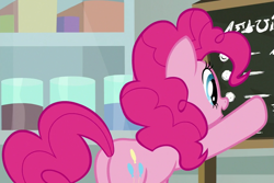 Size: 841x561 | Tagged: safe, screencap, character:pinkie pie, species:earth pony, species:pony, episode:the last laugh, g4, my little pony: friendship is magic, balloonbutt, butt, chalkboard, cropped, female, mare, open mouth, plot, raised hoof, solo