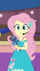 Size: 960x1702 | Tagged: safe, screencap, character:fluttershy, episode:best in show: the victory lap, g4, my little pony:equestria girls, cropped, headset, looking at you, microphone, smiling, smiling at you, solo