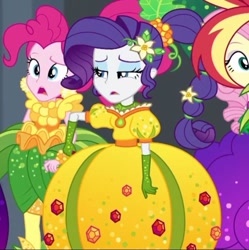 Size: 749x753 | Tagged: safe, screencap, character:fluttershy, character:pinkie pie, character:rarity, character:sunset shimmer, equestria girls:holidays unwrapped, g4, my little pony:equestria girls, cornucopia costumes, cropped, eyeshadow, inflatable dress, lidded eyes, makeup, o come all ye squashful, offscreen character
