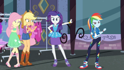 Size: 988x562 | Tagged: safe, screencap, character:applejack, character:fluttershy, character:rainbow dash, character:rarity, episode:street chic, g4, my little pony:equestria girls, bare shoulders, clothing, converse, eyes closed, eyeshadow, freezing, makeup, pencil skirt, shivering, shoes, skirt, sleeveless, sneakers, window