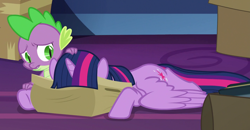 Size: 1420x740 | Tagged: safe, screencap, character:spike, character:twilight sparkle, character:twilight sparkle (alicorn), species:alicorn, species:dragon, species:pony, episode:the last problem, g4, my little pony: friendship is magic, comforting, cropped, female, male, mare, sad