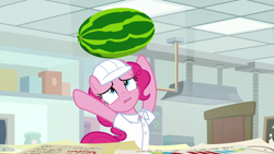 Size: 1920x1080 | Tagged: safe, screencap, character:pinkie pie, species:earth pony, species:pony, episode:the last laugh, g4, my little pony: friendship is magic, female, food, fruit, hooves in air, mare, open mouth, solo, watermelon