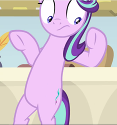 Size: 882x941 | Tagged: safe, screencap, character:starlight glimmer, species:pony, species:unicorn, episode:a horse shoe-in, g4, my little pony: friendship is magic, belly, bipedal, bipedal leaning, chubby, cropped, desk, female, leaning, leaning back, looking down, mare, shrunken pupils, solo, surprised, underhoof