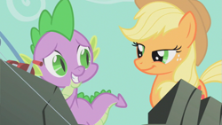Size: 853x480 | Tagged: safe, screencap, character:applejack, character:spike, species:dragon, species:earth pony, species:pony, episode:a dog and pony show, g4, my little pony: friendship is magic, duo, female, fishing rod, grin, lidded eyes, looking at each other, male, mare, out of context, smiling, smirk