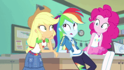 Size: 1920x1080 | Tagged: safe, screencap, character:applejack, character:bulk biceps, character:fluttershy, character:pinkie pie, character:rainbow dash, character:rarity, character:sunset shimmer, character:twilight sparkle, character:twilight sparkle (scitwi), species:eqg human, equestria girls:forgotten friendship, g4, my little pony:equestria girls, animated, applejack is not amused, biting, fluttershy is not amused, humane five, humane seven, humane six, pinkie pie is amused, rainbow dash is not amused, sound, tongue bite, tongue out, unamused, webm, yearbook