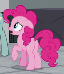 Size: 400x460 | Tagged: safe, screencap, character:pinkie pie, species:earth pony, species:pony, episode:the last laugh, g4, my little pony: friendship is magic, balloonbutt, butt, cropped, female, floppy ears, mare, plot, raised hoof, solo, underhoof