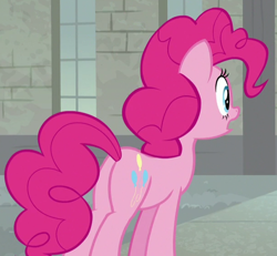 Size: 608x561 | Tagged: safe, screencap, character:pinkie pie, species:earth pony, species:pony, episode:the last laugh, g4, my little pony: friendship is magic, balloonbutt, butt, cropped, female, mare, open mouth, plot, solo