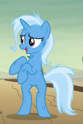 Size: 513x770 | Tagged: safe, screencap, character:trixie, species:pony, species:unicorn, episode:on the road to friendship, bipedal, cropped, female, mare, messy mane, open mouth, rearing, scratches, smiling, solo