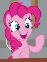 Size: 630x838 | Tagged: safe, screencap, character:pinkie pie, species:earth pony, species:pony, episode:the last laugh, g4, my little pony: friendship is magic, cropped, female, mare, open mouth, raised hoof, solo