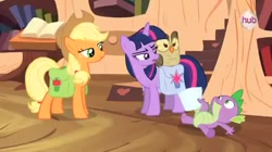 Size: 480x268 | Tagged: safe, screencap, character:applejack, character:owlowiscious, character:spike, character:twilight sparkle, episode:just for sidekicks, g4, my little pony: friendship is magic
