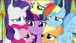Size: 1920x1080 | Tagged: safe, screencap, character:applejack, character:fluttershy, character:pinkie pie, character:rainbow dash, character:rarity, character:twilight sparkle, character:twilight sparkle (alicorn), species:alicorn, species:earth pony, species:pegasus, species:pony, species:unicorn, episode:the last problem, g4, my little pony: friendship is magic, crying, feels, group hug, happy, horn, hug, mane six, sad, sad smile, tears of joy, wings