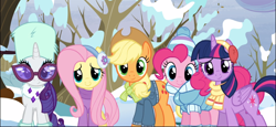 Size: 1670x768 | Tagged: safe, screencap, character:applejack, character:fluttershy, character:pinkie pie, character:rarity, character:twilight sparkle, character:twilight sparkle (alicorn), species:alicorn, species:earth pony, species:pegasus, species:pony, species:unicorn, episode:tanks for the memories, g4, my little pony: friendship is magic, clothing, cropped, cute, earmuffs, female, glasses, group, jacket, mare, scarf, smiling, sweater, winter outfit