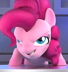 Size: 500x533 | Tagged: safe, screencap, character:pinkie pie, 3d, cropped, cursed, desk, faec, hello pinkie pie, solo