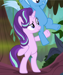 Size: 784x939 | Tagged: safe, screencap, character:starlight glimmer, character:trixie, species:pony, species:unicorn, episode:on the road to friendship, bipedal, cropped, duo, female, hoof on hip, mare, midair, smiling