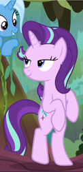 Size: 457x940 | Tagged: safe, screencap, character:starlight glimmer, character:trixie, species:pony, species:unicorn, episode:on the road to friendship, bipedal, cropped, female, lidded eyes, mare, smiling, solo focus, swinging, vine