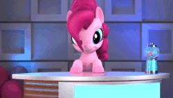 Size: 1920x1080 | Tagged: safe, screencap, character:pinkie pie, 3d, animated, ball, desk, gumball machine, hello pinkie pie, looking at you, solo, sound, studio, talking, webm