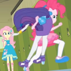 Size: 614x614 | Tagged: safe, screencap, character:fluttershy, character:pinkie pie, character:rarity, equestria girls:holidays unwrapped, g4, my little pony:equestria girls, carrying, confused, cropped, low quality, marshmelodrama, o come all ye squashful, out of context, pencil skirt, rarara, rarity being rarity, running, yoink