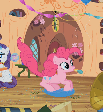 Size: 334x360 | Tagged: safe, screencap, character:pinkie pie, character:rarity, species:earth pony, species:pony, species:unicorn, episode:secret of my excess, g4, my little pony: friendship is magic, animated, balloon, bouncing, female, golden oaks library, jumping, mare, pinkie being pinkie, pronking