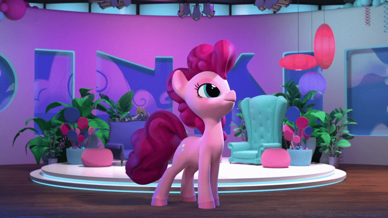 Size: 800x450 | Tagged: safe, screencap, character:pinkie pie, 3d, animated, chair, gif, hello pinkie pie, plant, potted plant, prancing, smiling, solo, studio, year in review