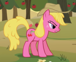 Size: 574x473 | Tagged: safe, screencap, character:cherry berry, species:earth pony, species:pony, episode:over a barrel, g4, my little pony: friendship is magic, appleloosa resident, background pony, clothing, cowboy hat, cropped, female, freckles, hat, mare, recolor, solo