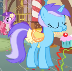 Size: 822x808 | Tagged: safe, screencap, character:amethyst star, character:cup cake, character:diamond mint, character:sparkler, species:pony, species:unicorn, episode:a bird in the hoof, g4, my little pony: friendship is magic, aweeg*, background pony, cropped, cupcake, eating, eyes closed, female, food, mare, recolor, saddle, solo focus, tack