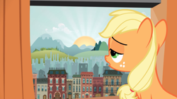 Size: 2880x1620 | Tagged: safe, screencap, character:applejack, species:earth pony, species:pony, episode:the cutie mark chronicles, g4, my little pony: friendship is magic, building, city, female, filly, filly applejack, foal, hill, manehattan, sad, solo, sun, sunrise, younger