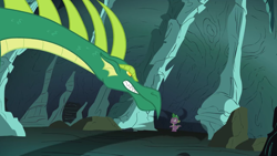 Size: 2880x1619 | Tagged: safe, screencap, character:spike, species:dragon, episode:owl's well that ends well, g4, my little pony: friendship is magic, cave, duo, looming, male, reginald