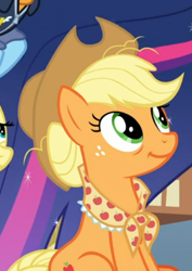 Size: 398x563 | Tagged: safe, screencap, character:applejack, species:earth pony, species:pony, episode:the last problem, g4, my little pony: friendship is magic, applejack's hat, clothing, cowboy hat, cropped, cute, female, granny smith's scarf, hair bun, hat, jackabetes, looking up, mare, offscreen character, older, older applejack, sitting, smiling, solo focus