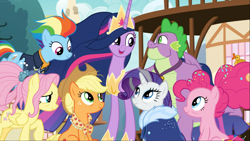Size: 1667x938 | Tagged: safe, screencap, character:applejack, character:fluttershy, character:pinkie pie, character:rainbow dash, character:rarity, character:spike, character:twilight sparkle, character:twilight sparkle (alicorn), species:alicorn, species:dragon, species:earth pony, species:pegasus, species:pony, species:unicorn, episode:the last problem, g4, my little pony: friendship is magic, applejack's hat, clothing, cowboy hat, cropped, crown, cute, female, gigachad spike, group, hat, hoof shoes, jewelry, looking at each other, male, mane seven, mane six, mare, older, older applejack, older fluttershy, older mane seven, older mane six, older pinkie pie, older rainbow dash, older rarity, older spike, older twilight, open mouth, peytral, princess twilight 2.0, regalia, sitting, smiling, twiabetes