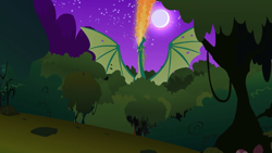Size: 2880x1620 | Tagged: safe, screencap, species:dragon, episode:owl's well that ends well, g4, my little pony: friendship is magic, dragonfire, everfree forest, fire, fire breath, forest, full moon, male, moon, night, reginald, spread wings, tattered, tattered wings, tree, wings