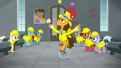 Size: 1920x1080 | Tagged: safe, screencap, character:cheese sandwich, species:earth pony, species:pony, episode:the last laugh, g4, my little pony: friendship is magic, background pony, female, giggleberry, juggling, lavender chuckle, male, mare, stallion, unicycle, unnamed pony
