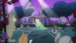 Size: 2880x1619 | Tagged: safe, screencap, character:fluttershy, species:bird, species:duck, species:pegasus, species:pony, species:rabbit, episode:the best night ever, g4, my little pony: friendship is magic, animal, at the gala, canterlot gardens, clothing, dress, duckling, female, ferret, flamingo, gala dress, loon, mare, mouse, spotlight, squirrel, tree, wallaroo