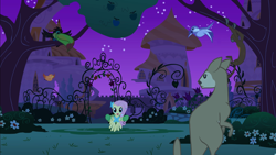 Size: 2880x1620 | Tagged: safe, screencap, character:constance, character:fluttershy, species:bird, species:pegasus, species:pony, episode:the best night ever, g4, my little pony: friendship is magic, animal, apple, apple tree, canterlot, canterlot gardens, female, keel-billed toucan, mare, monkey, night, spider monkey, toucan, tree, wallaroo