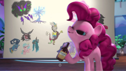 Size: 485x275 | Tagged: safe, screencap, character:cozy glow, character:discord, character:grogar, character:king sombra, character:lord tirek, character:pinkie pie, character:queen chrysalis, character:tree of harmony, character:twilight sparkle, character:twilight sparkle (alicorn), species:alicorn, species:pony, episode:the last problem, g4, my little pony: friendship is magic, 3d, bottle, chart, chocolate, chocolate rain, drawing, food, hello pinkie pie, hoof hold, princess twilight 2.0, rain, solo, studio, tongue out, tree of harmony