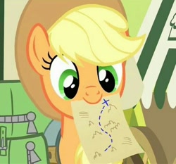 Size: 724x674 | Tagged: safe, screencap, character:applejack, species:earth pony, species:pony, episode:somepony to watch over me, g4, my little pony: friendship is magic, backpack, cropped, cute, female, jackabetes, map, mare, mouth hold, smiling, solo