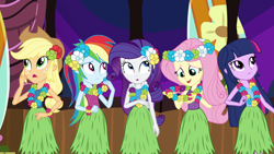 Size: 1280x720 | Tagged: safe, screencap, character:applejack, character:fluttershy, character:rainbow dash, character:rarity, character:twilight sparkle, character:twilight sparkle (alicorn), species:alicorn, species:human, species:pony, episode:shake your tail, equestria girls:rainbow rocks, g4, my little pony:equestria girls, clothing, grass skirt, hula, lei, skirt