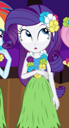 Size: 299x555 | Tagged: safe, screencap, character:fluttershy, character:rainbow dash, character:rarity, episode:shake your tail, g4, my little pony:equestria girls, cropped, cute, flower, flower in hair, hularity, offscreen character, raribetes