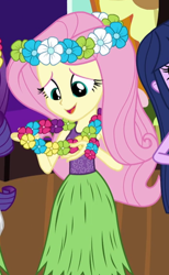Size: 346x563 | Tagged: safe, screencap, character:fluttershy, character:rarity, character:twilight sparkle, episode:shake your tail, g4, my little pony:equestria girls, cropped, cute, hula, hulashy, shyabetes