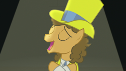 Size: 1920x1080 | Tagged: safe, screencap, character:cheese sandwich, episode:the last laugh, g4, my little pony: friendship is magic, clothing, eyes closed, hat, jewelry, male, necklace, open mouth, singing, solo, spotlight, top hat