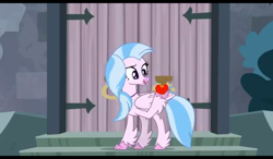 Size: 1024x600 | Tagged: safe, screencap, character:silverstream, species:classical hippogriff, species:hippogriff, episode:school daze, g4, my little pony: friendship is magic, apple, castle, claw hold, closed wing, female, food, happy, looking at something, outdoors, raised claw, raised eyebrow, smiling, solo, stairs, teenager, wings