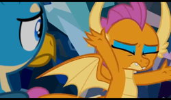Size: 1024x600 | Tagged: safe, screencap, character:gallus, character:smolder, episode:what lies beneath, g4, my little pony: friendship is magic, arms in the air, duo, eyes closed, eyeshadow, makeup, princess smolder