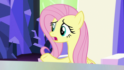 Size: 1920x1080 | Tagged: safe, screencap, character:fluttershy, species:pegasus, species:pony, episode:the last laugh, g4, my little pony: friendship is magic, cutie map, female, mare, open mouth, raised hoof, solo