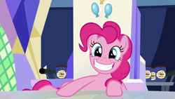 Size: 1920x1080 | Tagged: safe, screencap, character:pinkie pie, species:earth pony, species:pony, episode:the last laugh, g4, my little pony: friendship is magic, cutie map, female, mare, sitting, smiling, solo