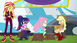 Size: 1920x1080 | Tagged: safe, screencap, character:applejack, character:fluttershy, character:sunset shimmer, character:twilight sparkle, character:twilight sparkle (scitwi), species:eqg human, equestria girls:sunset's backstage pass, g4, my little pony:equestria girls, music festival outfit, spit take, tree stump