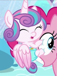 Size: 474x638 | Tagged: safe, screencap, character:pinkie pie, character:princess flurry heart, species:alicorn, species:pony, episode:the crystalling, g4, my little pony: friendship is magic, baby, baby alicorn, baby flurry heart, baby pony, clinging, cropped, cute, cute baby, dawwww, diaper, diapered, diapered filly, eye poke, eye scream, eyes closed, facehug, female, filly, flurrybetes, infant, light pink diaper, newborn, newborn baby, newborn filly, nursery, open mouth, safety pin, weapons-grade cute