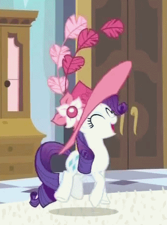 Size: 342x461 | Tagged: safe, screencap, character:rarity, species:pony, species:unicorn, episode:sweet and elite, g4, my little pony: friendship is magic, animated, clothing, cute, eyes closed, female, giant hat, gif, happy, hat, mare, prancing, raribetes, solo