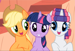 Size: 1381x940 | Tagged: safe, screencap, character:applejack, character:rarity, character:twilight sparkle, character:twilight sparkle (unicorn), species:earth pony, species:pony, species:unicorn, episode:look before you sleep, g4, my little pony: friendship is magic, applejack's hat, clothing, cowboy hat, cute, female, golden oaks library, hair curlers, happy, hat, jackabetes, looking at you, mare, open mouth, raribetes, smiling, twiabetes