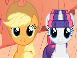 Size: 1251x940 | Tagged: safe, screencap, character:applejack, character:rarity, species:earth pony, species:pony, species:unicorn, episode:look before you sleep, g4, my little pony: friendship is magic, applejack's hat, clothing, cowboy hat, cropped, cute, duo, female, golden oaks library, hair curlers, hat, jackabetes, looking at you, mare, raribetes, smiling